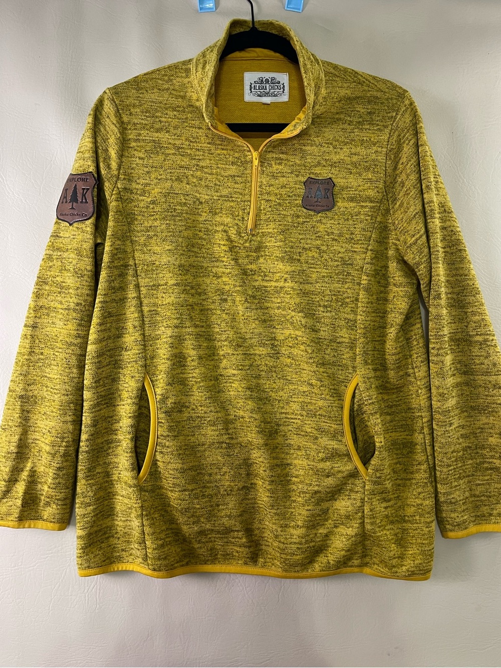 Alaska Chicks Co. Heathered yellow Quarter Zip Pullover Sweater Explore Ak Large